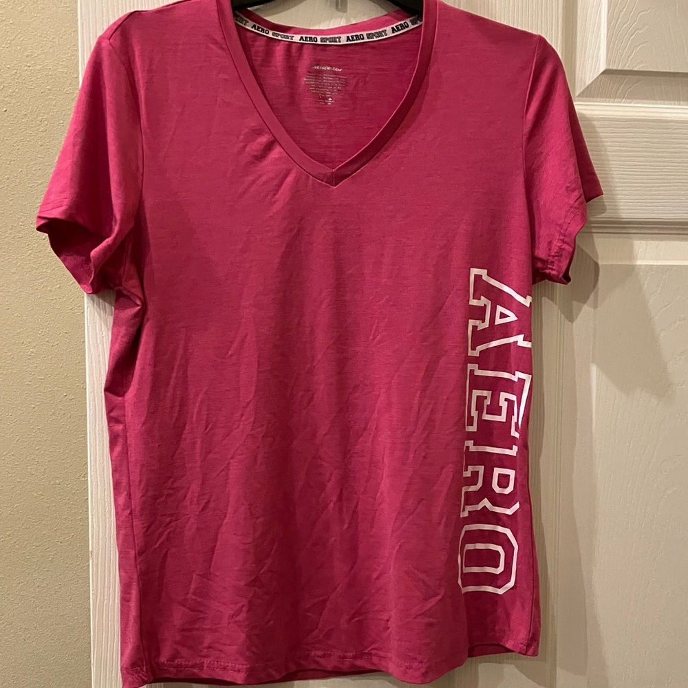 Aeropostale Women's V-Neck Tee in Bright Pink with Side Logo